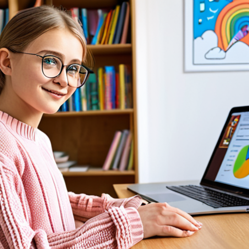 **

Prompt: A young, stylish German student wearing trendy glasses and a comfortable sweater, sitting at a desk with a bright, modern laptop displaying an adaptive learning platform interface. The interface shows interactive exercises and a progress bar. In the background, a bookshelf filled with colorful books and a motivational poster in German about lifelong learning. The scene is well-lit, with a focus on positive energy and personalized education. Style: modern, digital art, vibrant colors, focus on user experience.

**