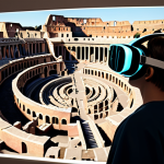 **A student wearing a VR headset, exploring a virtual reconstruction of ancient Rome, with AR elements overlaid to highlight key historical features. The scene should convey an immersive and engaging learning experience, with a teacher acting as a facilitator nearby.**