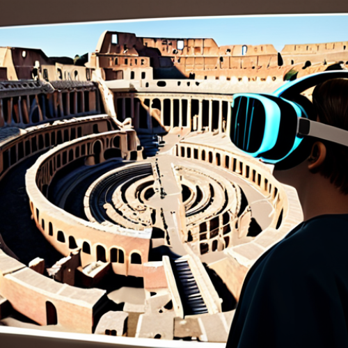 Home 18 **A student wearing a VR headset, exploring a virtual reconstruction of ancient Rome, with AR elements overlaid to highlight key historical features. The scene should convey an immersive and engaging learning experience, with a teacher acting as a facilitator nearby.**