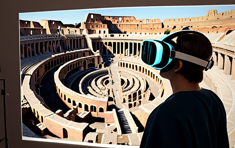 **A student wearing a VR headset, exploring a virtual reconstruction of ancient Rome, with AR elements overlaid to highlight key historical features. The scene should convey an immersive and engaging learning experience, with a teacher acting as a facilitator nearby.**