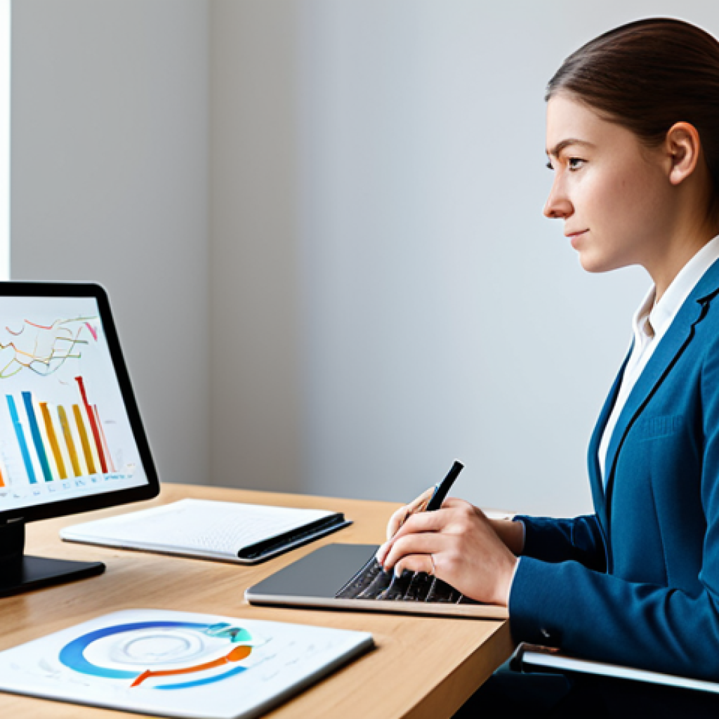 A focused young adult, fully clothed in modest professional attire, sitting at a sleek modern desk with a tablet, engaging with a personalized learning interface. The environment is a bright, minimalist study space with subtle digital lines and graphs indicating data flow and an adaptable learning path around them. Professional photography, high detail, realistic, vibrant colors, perfect anatomy, correct proportions, natural pose, well-formed hands, proper finger count, natural body proportions, safe for work, appropriate content, family-friendly.