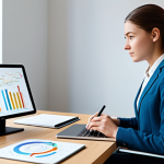 A focused young adult, fully clothed in modest professional attire, sitting at a sleek modern desk with a tablet, engaging with a personalized learning interface. The environment is a bright, minimalist study space with subtle digital lines and graphs indicating data flow and an adaptable learning path around them. Professional photography, high detail, realistic, vibrant colors, perfect anatomy, correct proportions, natural pose, well-formed hands, proper finger count, natural body proportions, safe for work, appropriate content, family-friendly.