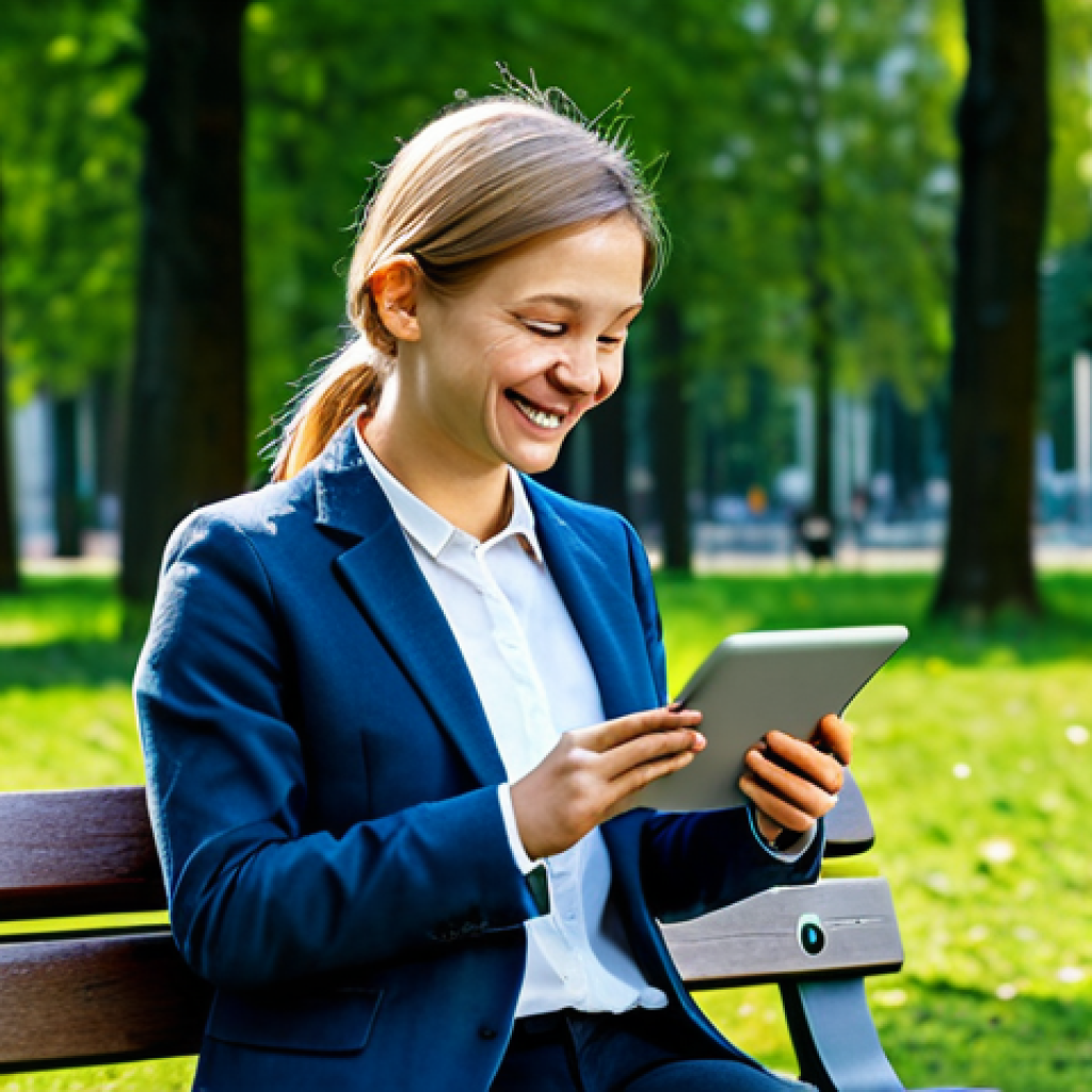 **

"A young woman, fully clothed in casual but professional attire suitable for an office in Berlin, using a tablet outdoors in a park. She's smiling, engaged in a learning app with gamified elements visible on the screen (points, badges). Background includes typical German park scenery - trees, benches, and people enjoying the outdoors. Safe for work, appropriate content, family-friendly, natural pose, perfect anatomy, well-formed hands. High quality."

**