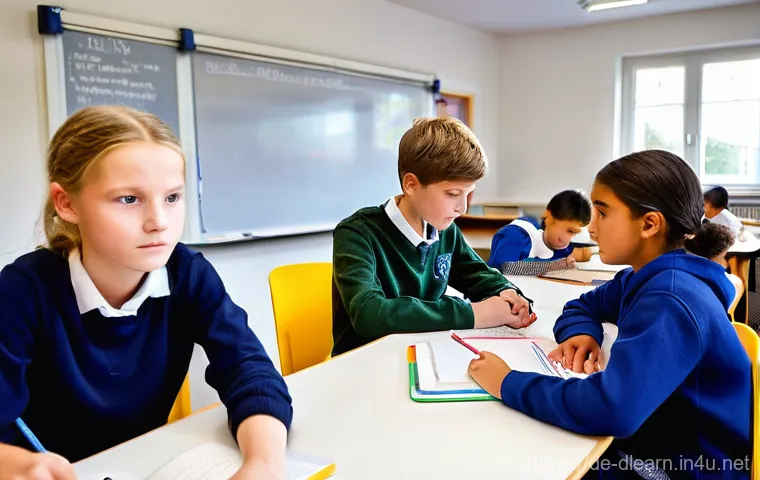 디지털 교육을 위한 정부 정책 - 0)**
    A vibrant and slightly bustling German classroom, depicting the early stages of digital int...