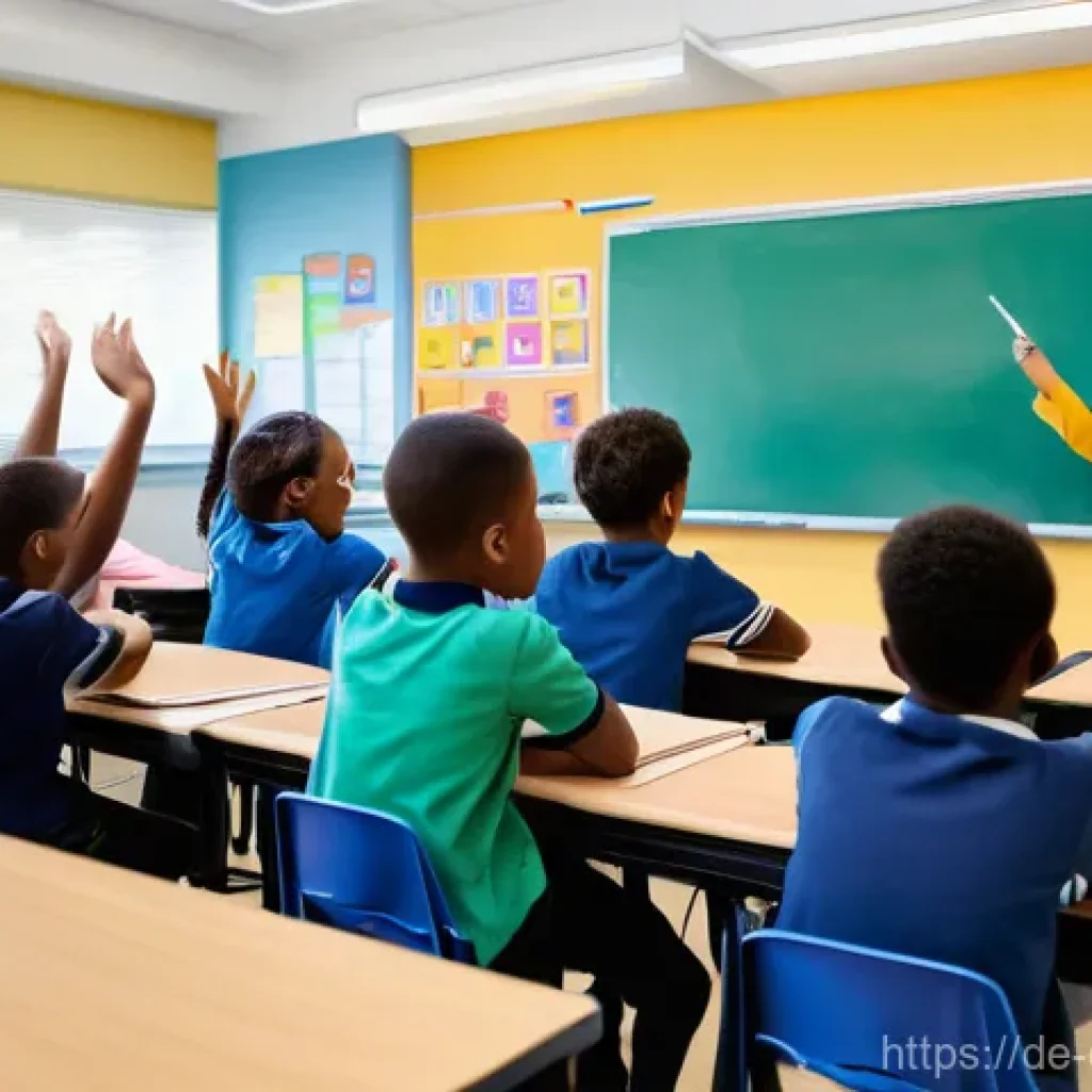 교사의 디지털 학습 역량 - **Prompt:** A vibrant, modern classroom filled with diverse, enthusiastic middle school students (ag...