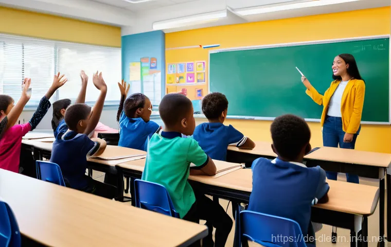 교사의 디지털 학습 역량 - **Prompt:** A vibrant, modern classroom filled with diverse, enthusiastic middle school students (ag...