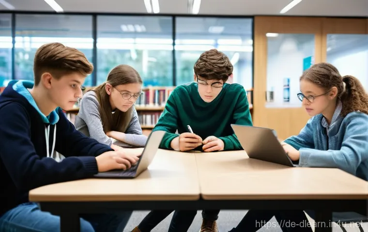 디지털 교육학 - **Prompt:** A dynamic scene depicting German high school students (ages 14-17) and their teacher col...