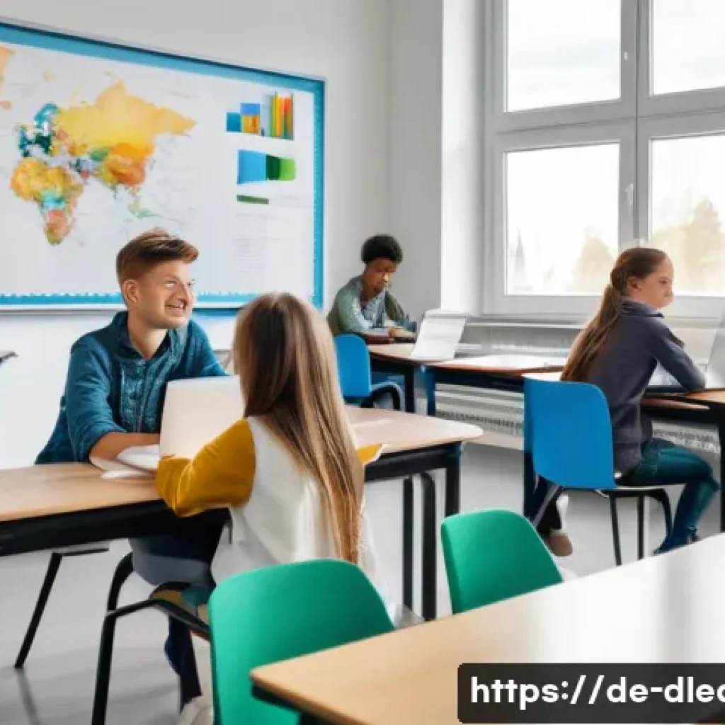 디지털 교육의 장애물 - A modern German classroom scene showing a diverse group of students and a teacher actively engaging ...