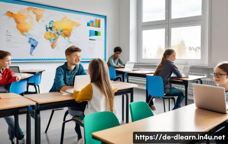 디지털 교육의 장애물 - A modern German classroom scene showing a diverse group of students and a teacher actively engaging ...