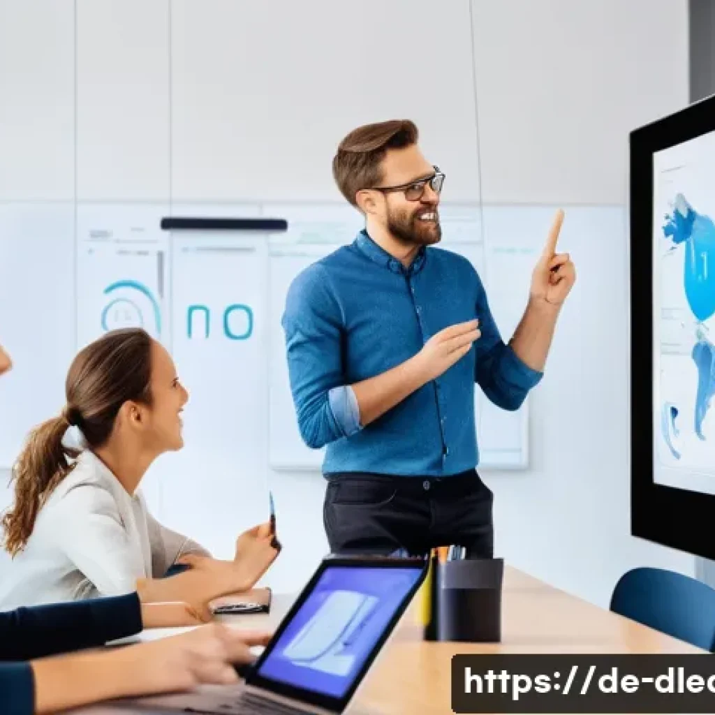 디지털 학습의 기술 발전 - A modern digital classroom scene in Germany featuring diverse students and a teacher interacting in ...