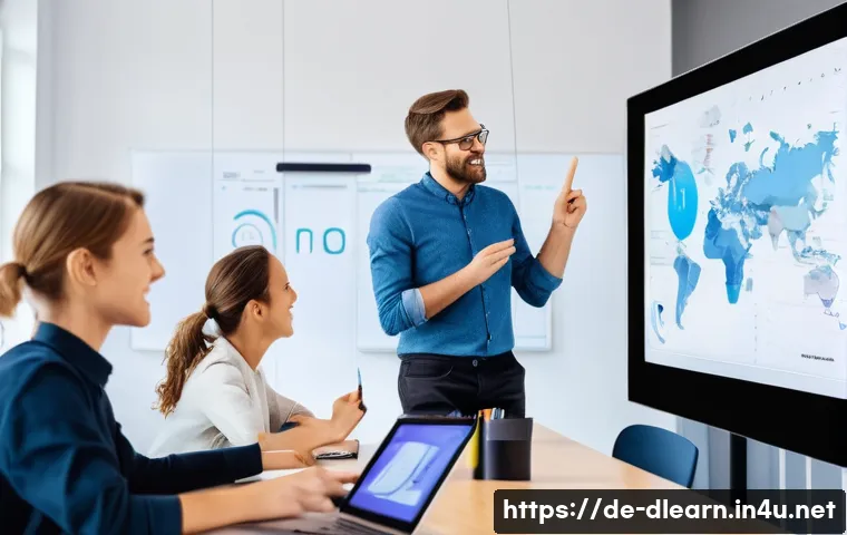 디지털 학습의 기술 발전 - A modern digital classroom scene in Germany featuring diverse students and a teacher interacting in ...