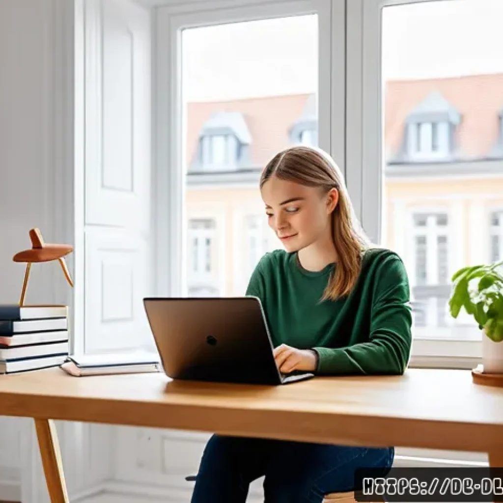 디지털 학습의 상호작용 - A modern home study setup featuring a young German adult sitting at a clean desk with a laptop open ...