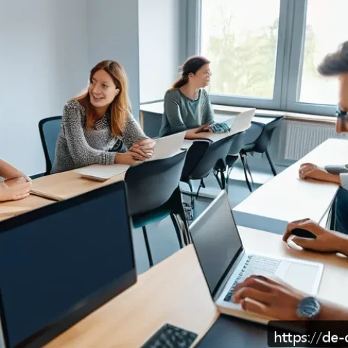 디지털 학습의 단점과 개선점 - A modern digital classroom scene in Germany showing a diverse group of adult learners engaging in a ...
