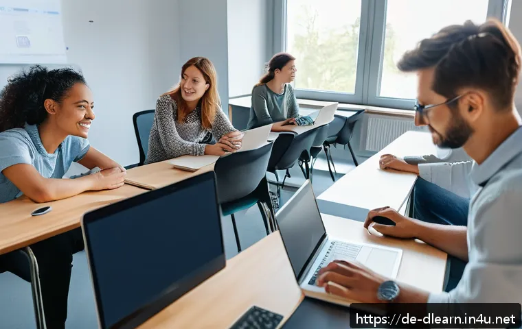 디지털 학습의 단점과 개선점 - A modern digital classroom scene in Germany showing a diverse group of adult learners engaging in a ...