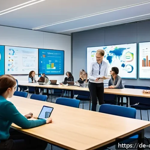 디지털 교육에서의 콘텐츠 업데이트 - A modern digital classroom scene showing a diverse group of adult learners attentively engaging with...