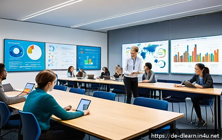 디지털 교육에서의 콘텐츠 업데이트 - A modern digital classroom scene showing a diverse group of adult learners attentively engaging with...