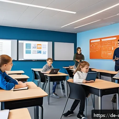 디지털 학습의 최신 트렌드 - A modern classroom scene in Germany featuring a diverse group of teenage students engaging with adap...
