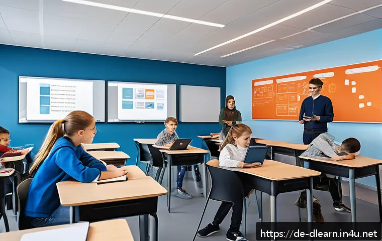 디지털 학습의 최신 트렌드 - A modern classroom scene in Germany featuring a diverse group of teenage students engaging with adap...