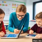 게임 기반 학습 - A bright, modern German classroom filled with diverse students aged around 12-15, actively engaging ...