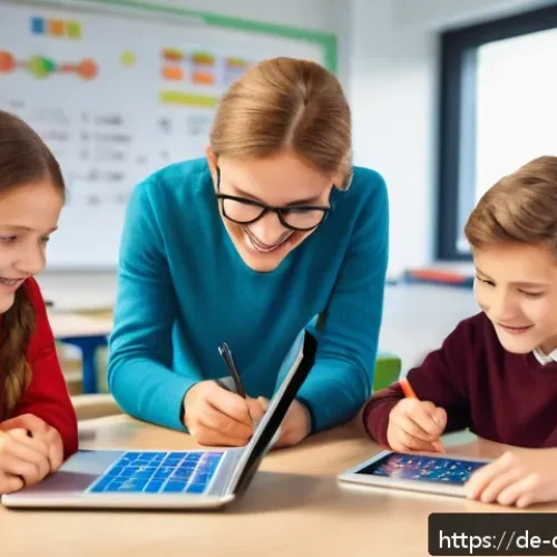 게임 기반 학습 - A bright, modern German classroom filled with diverse students aged around 12-15, actively engaging ...
