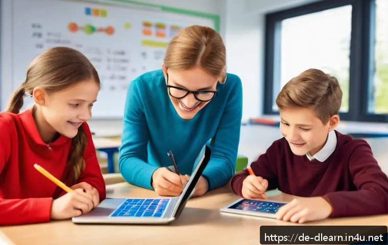 게임 기반 학습 - A bright, modern German classroom filled with diverse students aged around 12-15, actively engaging ...