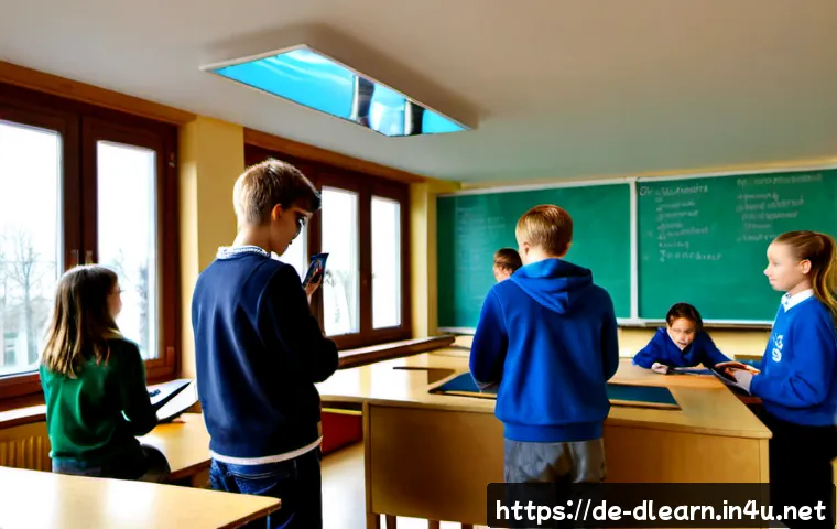 디지털 학습의 혁신 - Photorealistic modern German secondary-school classroom in Munich, diverse teenage students using ta...