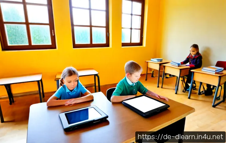 디지털 교과서의 발전 - Photorealistic modern German primary school classroom, diverse children and a teacher using slim dig...